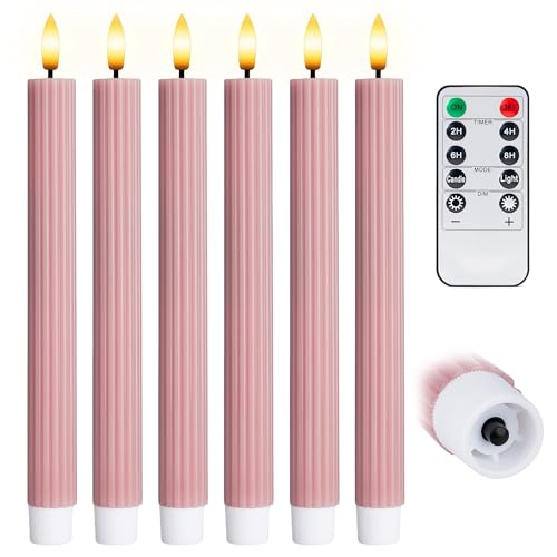 Image of 10 inch Fluted Ribbed LED Dusty Rose Grooved Real Wax Taper Candles, Remote & 24h Timer Memory, On /Off Switch - Flameless Dimmable Battery Operated w /Flicker Mode, Home Wedding Decor (6 Pack)