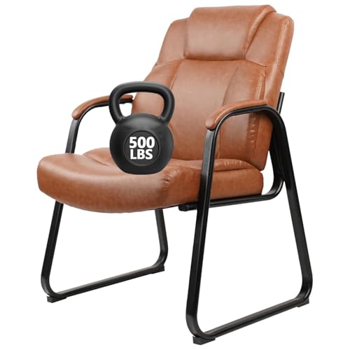 Image of CLATINA Guest Chair Big & Tall 500 lbs, PU Leather Office Reception Chairs, Sled Base, No Wheels, Brown, Waiting Room, Conference, Lobby, Living Room