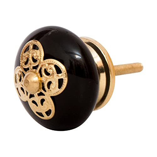 Knober 1 X Möbelknopf für Schränke und Kommoden in schwarz gold mit Krone verziert Design 03