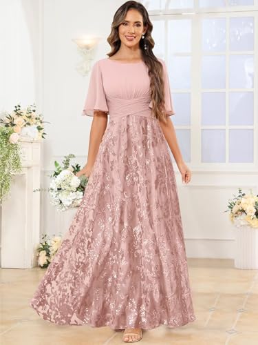 TORYEMY Long Mother of The Bride Dresses for Women Lace Sequin Formal Wedding Guest Dress with Sleeves4