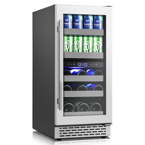 WINEBOSS 15 Inch Wine and Beverage Refrigerator, 13 Bottle & 48 Cans Dual Zone Wine Cooler, 37-65°F, Freestanding/Under Counter Beverage Fridge with Glass Door Stainless Steel Shelves