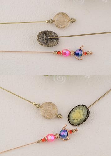 Image of Alilang Magic Lamp Pearl Lady Camo Rose Heart Rhinestones 3Pcs Vintage Long Handle Hat and Lapel Pins with Flexible Bendable Design