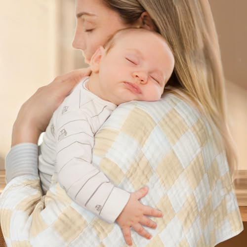 BEILIMU Muslin Swaddle Blankets, Checkered Receiving Blankets for Baby Boys and Girls, 43 x 43 Inches Baby Swaddle Neutral Wrap 70% Cotton and 30% Rayon Khaki — view 4
