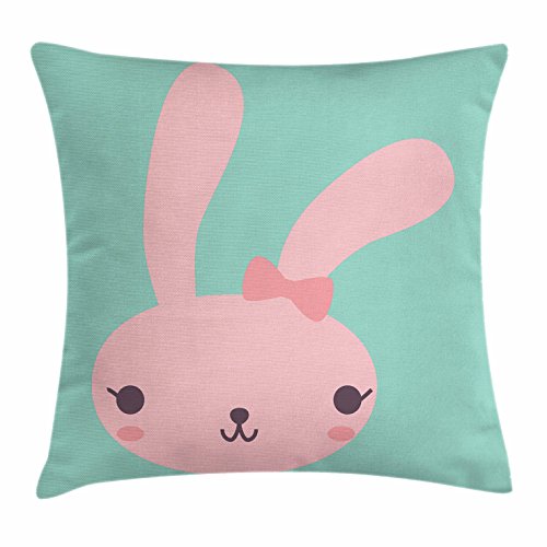 Lunarable Cartoon Throw Pillow Cushion Cover, Pink Bunny with Long Ears and Bowknot Kawaii Inspired Girl Doodle Rabbit, Decorative Square Accent Pillow Case, 36