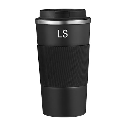 車用水筒 500ml プレミアム車用魔法瓶 6〜8時間の保温 コーヒー タンブラー 液漏れ防止蓋 滑り止めシリコンスリーブ ほとんどのカップホルダーに対応 タンブラー 持ち運び 洗いやすい 水筒 (ブラック, LS)