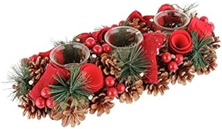 Red Winter Rose Christmas Glass Triple Tea Light Candle Holder Jar Winter Table Centrepiece Decoration - L39cm