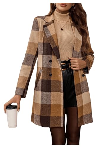 SOLY HUX Women's Plaid Jacket Lapel Double Breasted Long Sleeve Casual Coat with Pockets