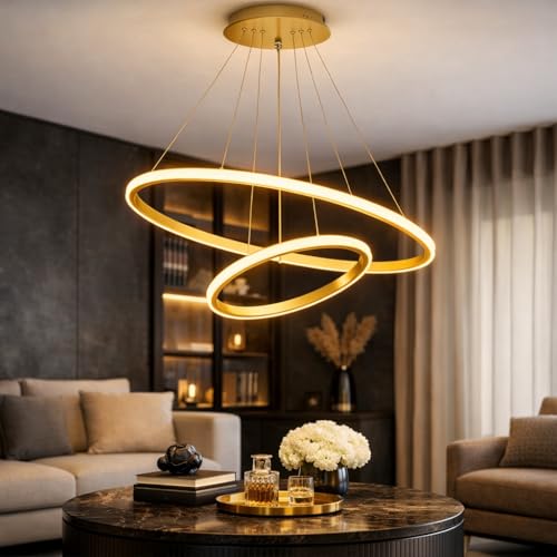 Image of Sinoman Modern Gold Double Ring LED Chandelier Light, Luxury Circular Ceiling Hanging Light Fixture, Adjustable Suspension, 3 in 1 color changing Built-in LED Pendant Lamp for Living Room, Dining Room