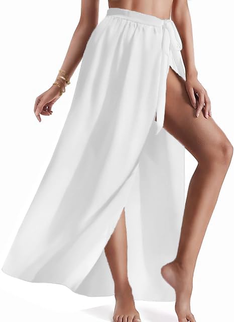 AI'MAGE Sarong Wraps for Women Long Beach Swimsuit Coverup Tie Chiffon Pareo Sheer Floral Bathing Suit Cover Up Skirt White