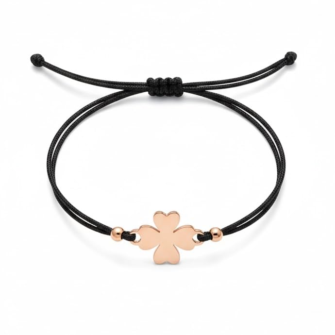 Selfmade Jewelry Armband Damen Kleeblatt Roségold Handgemachtes Glücksarmband mit Klee Größenverstellbar Inkl. Geschenk-Verpackung (Rosegold - Schwarz)
