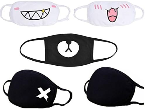 Muffle Mask Anti-Dust Anime Mouth Mask Cute Kaomoji Face Emoticon Earloop Cotton Surgical Mask for Kids Men and Women (Black 5 pcs)