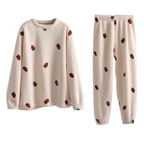 RICHTRUE Kawaii Strawberry Sleepwear Fuzzy Sets Pajamas for Women Loungewear for Women Kawaii Loungewear