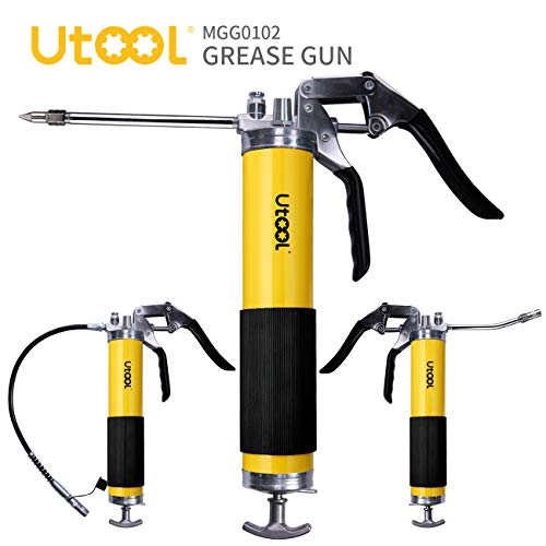 UTOOL Yellow Grease Gun, 7000 PSI Heavy Duty Pistol Grip Grease Gun Set with 14 oz Load, 18 Inch Spring Flex Hose, 2 Working Coupler, 2 Extension Rigid Pipe and 1 Sharp Type Nozzle Included - Thumbnail 2