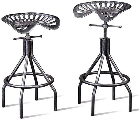 Lisuden Industrial Tractor Seat Barstools Farmhouse Cast Iron Adjustable Counter Height Stools Swivel Kitchen Saddle Bar Stools Set of 2 Metal Black Brush Silver Dining Chair 24"-30"