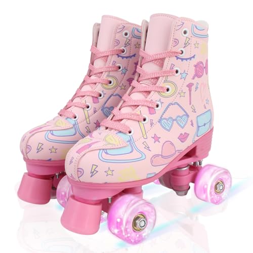 Shilanmei Patines de ruedas para mujer, de piel sintética, de doble fila, patines para interiores y exteriores, para principiantes (rosa, 34-8.75 pulgadas EUR 4)