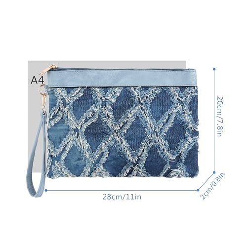 Image of Women Denim Wristlet Clutch Purses Wallet Envelope Handbag PU Leather Quilted Distressed Zipper Satchel