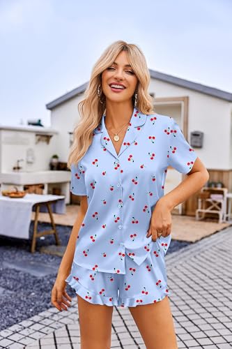 Image of Ekouaer Womens Satin Pajamas Set Button Down 2 Piece Silk Pjs Shorts Set Ruffle Lingerie Notch Collar Sleepwear