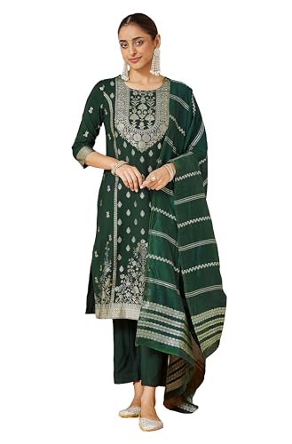 Kurta pour femme Janasya vert bouteille en mélange de soie imprimé pour les fêtes