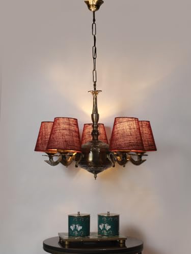 Image of Devansh 05 Lights Maroon Jute conical Shade with Antique Golden Chandelier