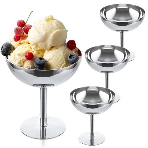Oungy 4PCS Ice Cream Cup Stainless Steel Dessert Cups Snack Yogurt Candy Cup Reusable Mini Silver Ice Cream Bowls with Footed for Salad Fruit Pudding Christmas Party 4.33.92.4inch