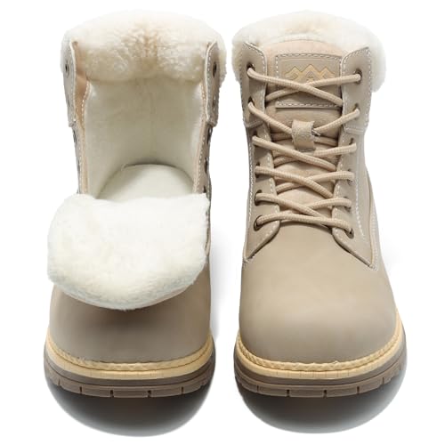 Image of COTTIMO Snow Hiking Winter Boots for Women - Casual Brown Combat Work Boot - Non-slip Fur-Lined Ankle Boots - Fashion Boots Waterproof Leather Shoes
