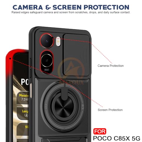 Image of Poco C85X 5G Back Cover | Armor Camera Slider 360 Degree Rotating Finger Ring Holder Case with Bracket Stand Back Case Cover (Compatible with MagSafe Accessories) (Black)