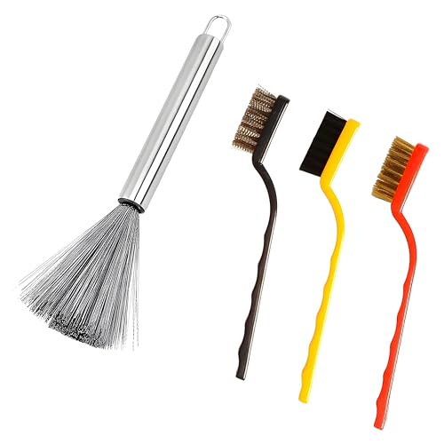 Image of 4-Piece Gas Stove Cleaning Brush Combo | Heavy Duty Stainless Steel Wire Brush with 3-Pack Mini Scratch Brushes (Brass, Nylon, Steel) for Kitchen Sink, Burner, Rust Removal & Deep Cleaning