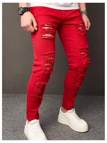 WDIRARA Men's Denim Splash Ink Print Ripped Raw Hem Distressed Skinny Jeans Pants with Pockets4