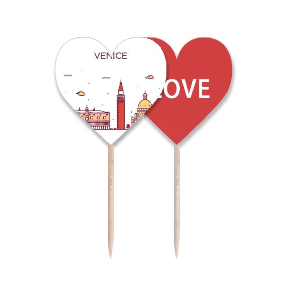 Cure-dents plat Venise Italie avec pique en bois resistant et motif coeur double face