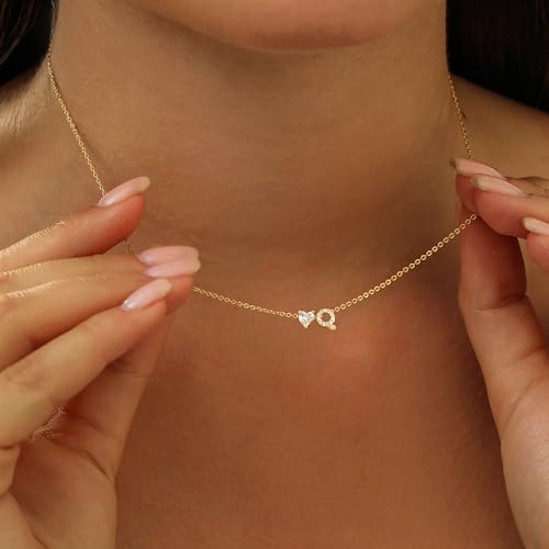 Initial Heart Necklaces for Women - Dainty Cute Necklace Small Layered 14K Gold Plated A-Z Letter CZ Pendant Trendy Satellite Chain Necklaces for Women Non Tarnish Gold Jewelry Set Gift