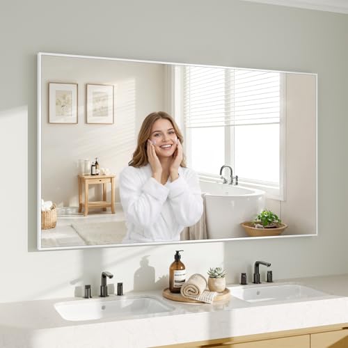Image of Koonmi White Rectangle Wall Mirror, 30x55 Inch Bathroom Mirror, Aluminum Frame Vanity Mirror for Entryway, Living Room, Bedroom Bathroom, Hangs Horizontally or Vertically