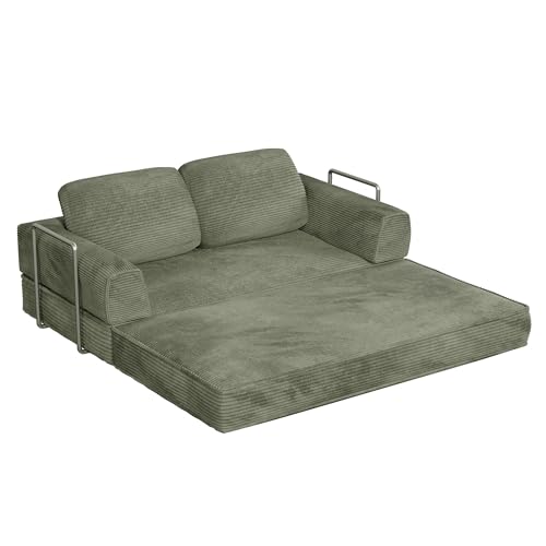 Homall 4-in-1 Convertible Sofa Bed, Oversized Boneless Couch with 4 Frame Kits and Removable Armrests, Corduroy Sleeper Sofa with 2 Pillows for Small Space, No Assembly Required (Green)