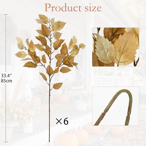 Artificial Fall Birch Leaves Stem - 6 Pcs Faux Autumn Greenery Long Stems 33.4" Tall Fake Plants with Branches Decorations for Thanksgiving Wedding Centerpieces Home Table Decor Floral Arrangements - Image 6