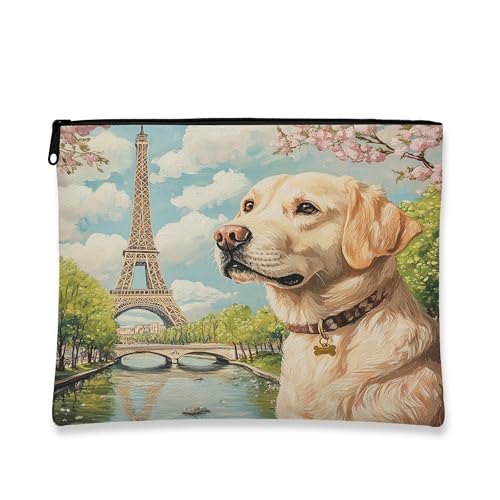 Trousse artistica vintage con cane color crema con Torre di Parigi, borsa da viaggio per cosmetici, da donna, organizer portatile in tela con cerniera, borsa da toilette primaverile per la cura della