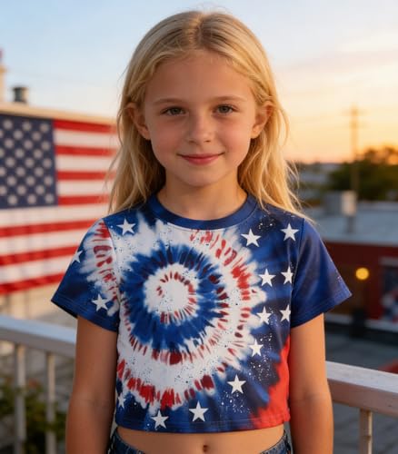 Image of Tkria Girl Crop Tops July 4th Crewneck Tshirt American Flag Patriotic USA Flag Girls Outfit Clothes Size 6-14