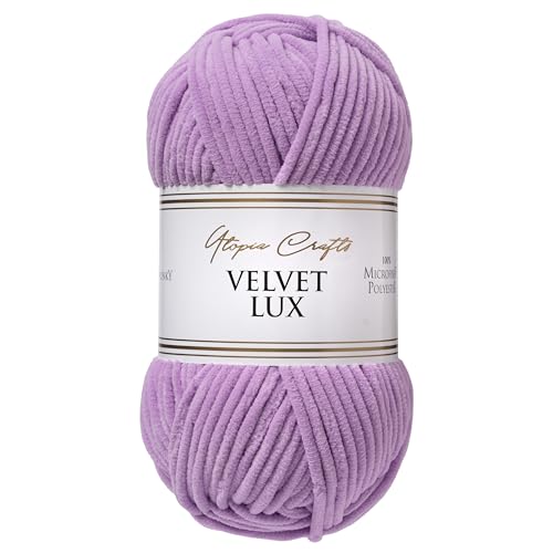 Utopia Crafts Velvet Lux Hilo Chenille Terciopelo Suave 100 g - lana de microfibra poliéster para tejer, ganchillo, amigurumi, manta de bebé y decoración - Ovillo de 110 m (lila suave)