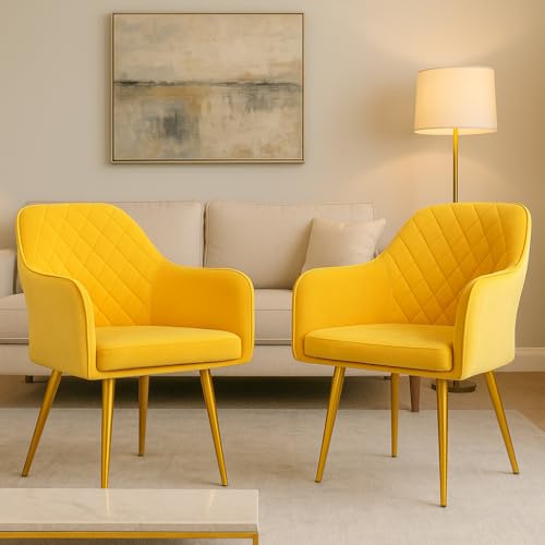 Image of Set of 2 Accent Chair for Living Room | Modern Armchair in Soft Velvet Fabric with Sturdy Legs | Premium Chair for Home Living Room Bedroom Restaurent | (Gold Legs, Yellow Burfi Design)