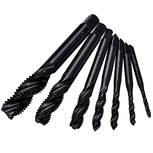 Mesee 7 Pieces HSS Thread Tap Set, Nitriding Coating Spiral Flute Taps M3 M4 M5 M6 M8 M10 M12 Metric Screw Taps and Drill Machine Tapping Threading Tool
