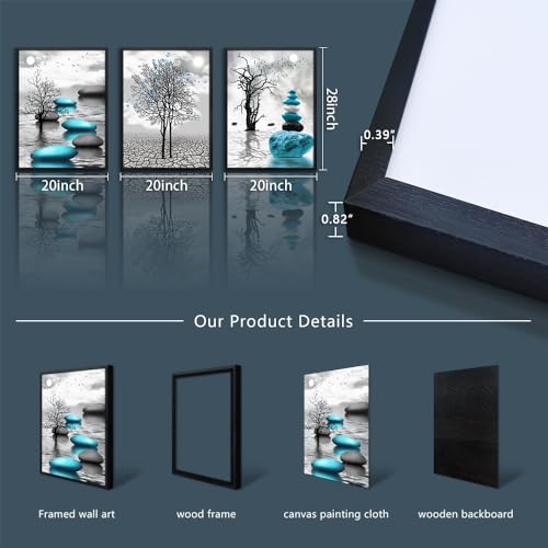 Large Black Framed Wall Art for Living Room Wall Decor for Office Bedroom Wall Decoration Blue Abstract Pictures Black and White Paintings Modern Room Aesthetic Home Decor 3 Piece Art Prints