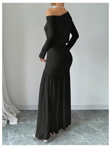 Floerns Women's Mesh Off The Shoulder Dress Ruched Ruffle Long Sleeve Maxi Dresses3