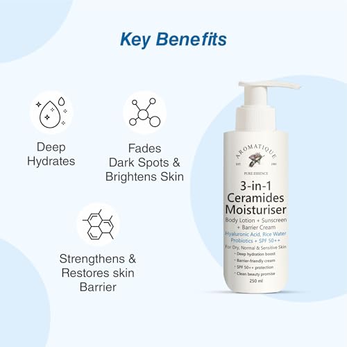 Image of Aromatique 3-in-1 Ceramides Moisturizer | Body Lotion + Sunscreen + Barrier Cream with Hyaluronic Acid, Rice Water, Probiotics & SPF 50++ | For Dry, Normal & Sensitive Skin | 250ml