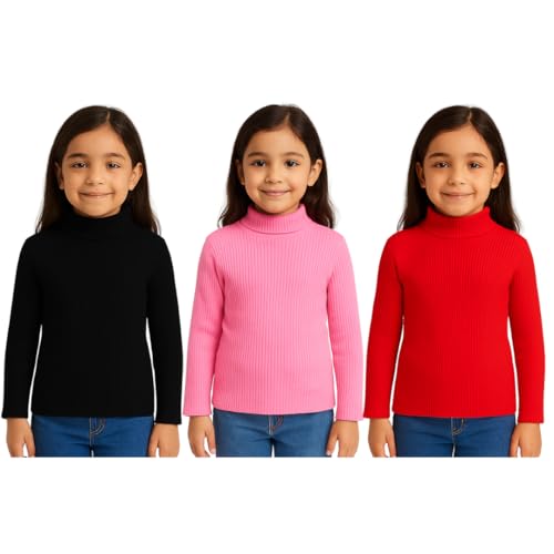 Image of Girls Winter High Neck Sweater Pack of 3 - Full Sleeve Ribbed Pullover for Kids | Warm & Stretchable Turtleneck Tops