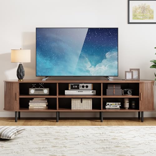 Image of 86.6 inch TV Stand with Power Outlet, Mid-Century Modern Television Stand, Fluted Media Console with Sliding Doors, Entertainment Center for TVs up to 90 Inch, Adjustable Shelves, Walnut