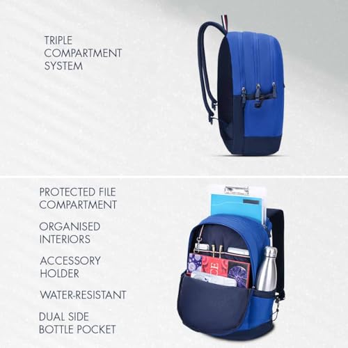Image of Tommy Hilfiger Professional School Backpack Stud - Wedge Blue+Navy | Durable Water-Resistant Bag for Teens with Signature Metal Logo | 3 Compartments | Integrated Rain Cover | 30L Capacity