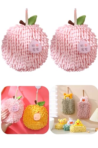 Fuzzy Ball Hand Towel (Chenille) for Bathroom & Kitchen Use-6pcs/5pcs/2pcs/1pcs-Fruit & Animal Themed Puff Ball Hand Towel Set-Dry Your Hands (2,Honey Peach)