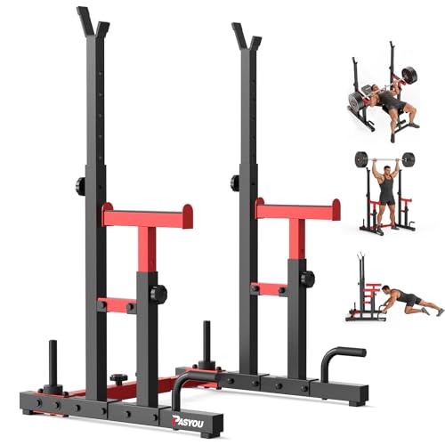 PASYOU Cages de squat,Multi-Fonction Supports de Squat Réglable, Squat Rack Musculation Avec Push up,Fitness Multifonction, Robuste, Noir&Rouge