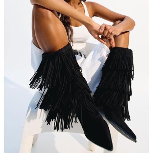 Vertundy Women's Fringe Boots Kitten Heel Pointed Toe Mid Calf Boots Tassels Design Fashion Suede Heeled Shoes4