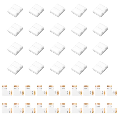 40 stuks 4-pins 10 mm led-connector voor SMD 5050 RGB LED-strips, 4-polige led-aansluiting, met 20 stuks L-hoekconnectoren en 20 stuks ledstripconnector, voor SMD 5050 ledstrips, meerkleurig