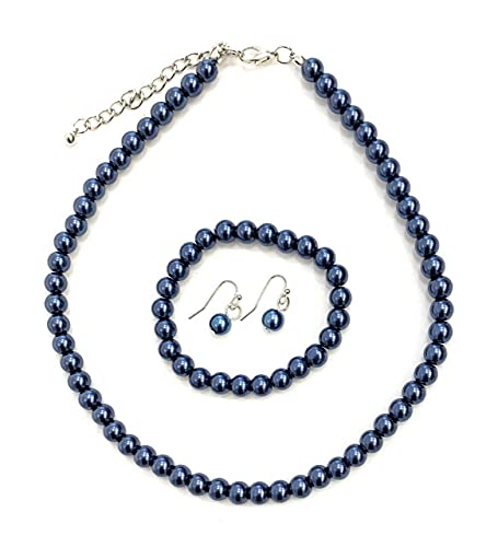 Caprilite Parure de bijoux vintage avec collier, boucles d'oreilles et bracelet en perles de verre Bleu marine