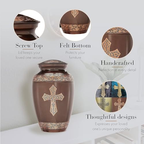 Image of Bronze Cross Cremation Urn for Ashes Adult Male - Personalized Cremation Urns for Human Ashes Adult Man Decorative Urns - Beautifully Handcrafted Cross Urn